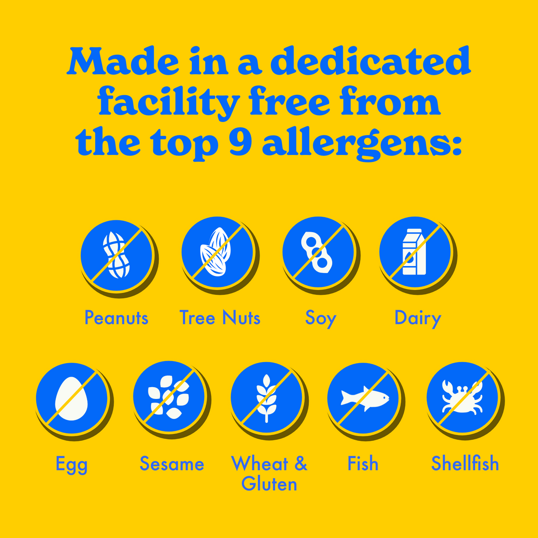 A bold yellow informational graphic emphasizing that MadeGood Organic Granola Bites are made in a dedicated facility free from the top nine allergens. The text at the top reads, "Made in a dedicated facility free from the top 9 allergens:" in bold blue font. Below, nine circular blue icons with white allergen symbols are displayed, each crossed out with a yellow line. The allergens listed are Peanuts, Tree Nuts, Soy, Dairy, Egg, Sesame, Wheat & Gluten, Fish, and Shellfish.