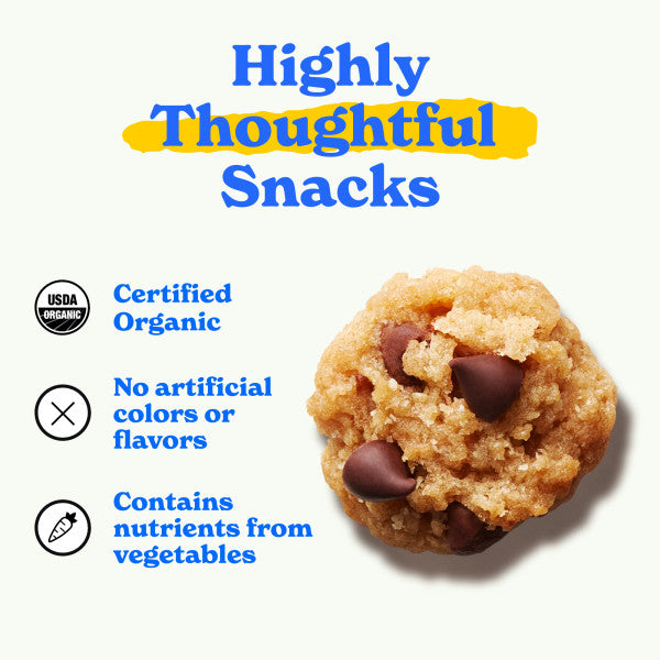 Close-up of a MadeGood chocolate chip cookie with a golden-brown color and chocolate chips. Text reads 'Highly Thoughtful Snacks' with 'Thoughtful' highlighted in yellow. Features listed include 'Certified Organic,' 'No artificial colors or flavors,' and 'Contains nutrients from vegetables,' with corresponding icons.