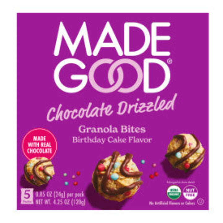 Box of MadeGood chocolate drizzled granola bites in birthday cake flavor