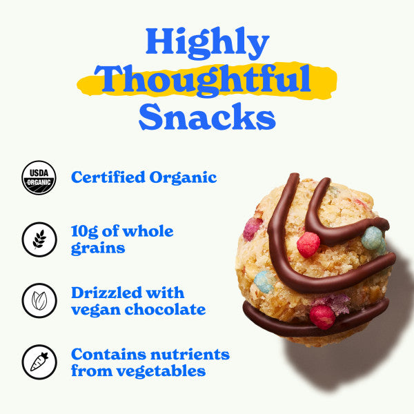 Highly thoughtful snacks, certified organic, 10g or whole grains, drizzled with vegan chocolate, contains nutrients from vegetables