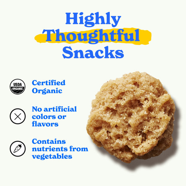 Highly thoughtful snacks: certified organic, no artificial colors or flavors, contains nutrients from vegetables