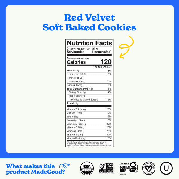 Nutrition Facts label for MadeGood Red Velvet Soft Baked Cookies. The label indicates one serving per pouch (24g) with 120 calories. It includes 6g total fat, 14g total carbohydrates, 7g total sugars, 1g protein, and essential vitamins like Vitamin D, Calcium, Iron, and Potassium. USDA Organic, Non-GMO Verified, Certified Gluten-Free, Vegan, and Kosher symbols are displayed at the bottom.